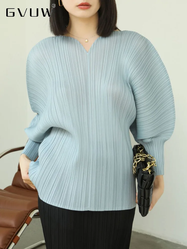 

GVUW Pleated Loose T Shirt Women Full Batwing Sleeve Chic Style Pullover New 2024 Versatile Fashion Female Clothing 17G8262