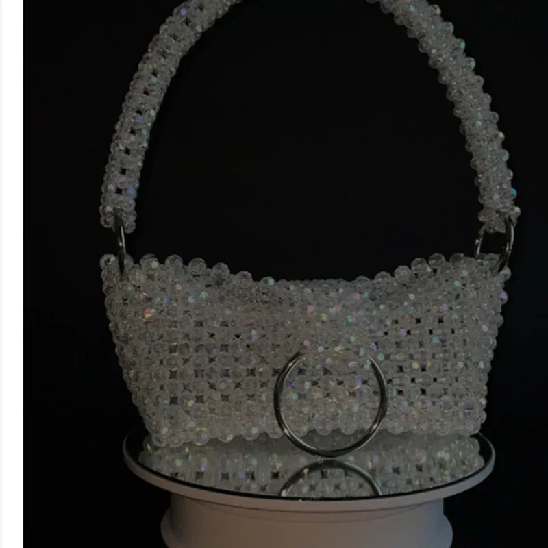 Customized Fashion DIY Handmade Crystal Shoulder Handbags for Women Ins High Quality Transparent Shiny Beaded Woven Women's Bag