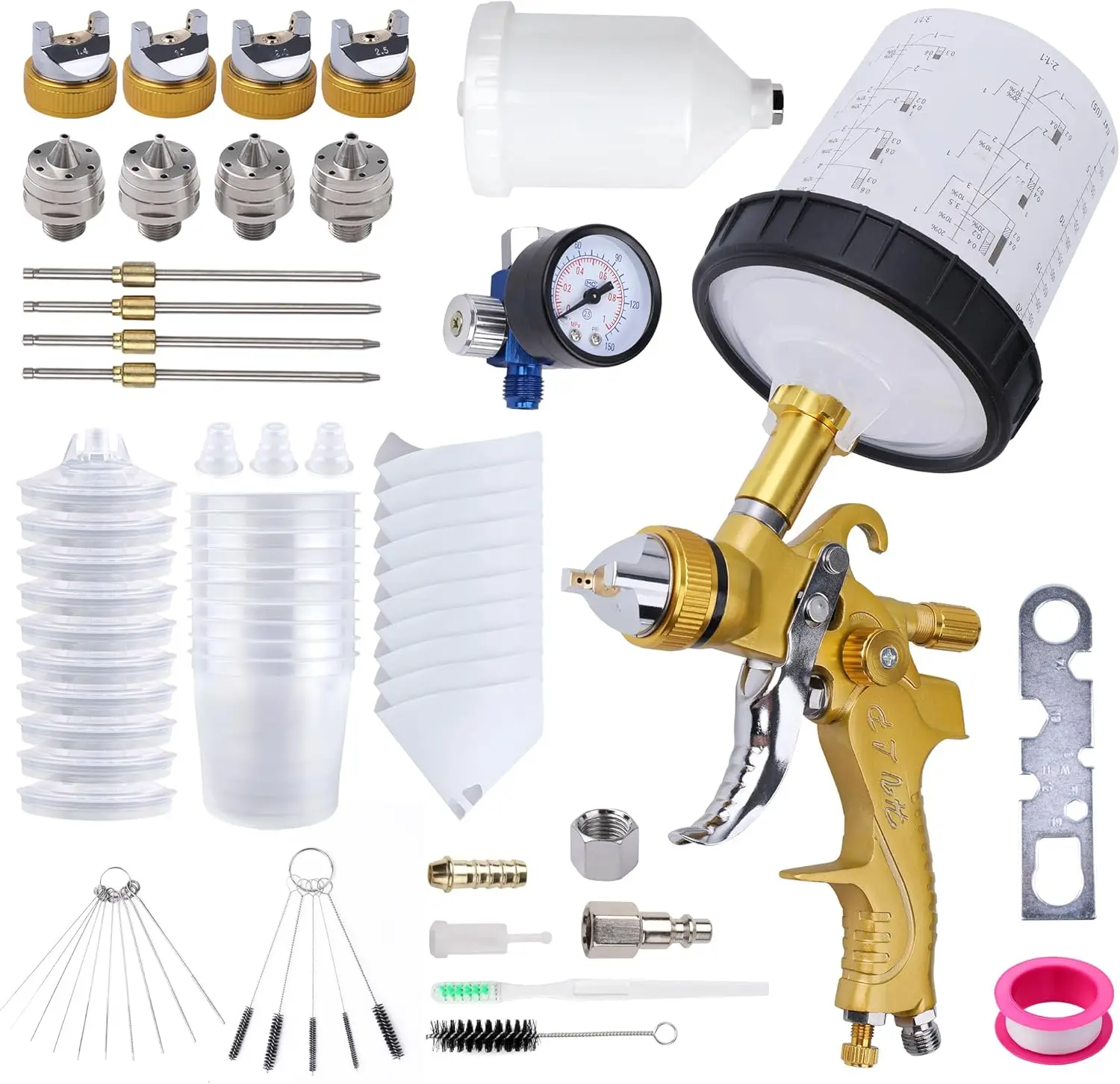 

HVLP Spray Gun Kit with 10 Paint Cups, 4 Nozzles, Air Regulator for Auto Painting (Gold)