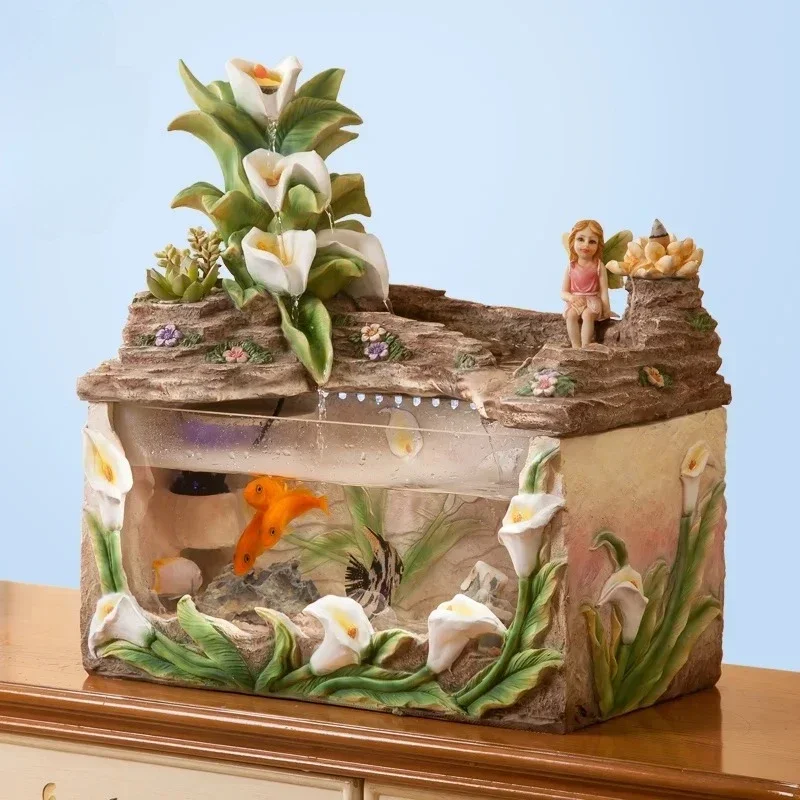 European-style small flowing water fish tank living room TV cabinet next to lucky ornament Nordic fountain landscape creative