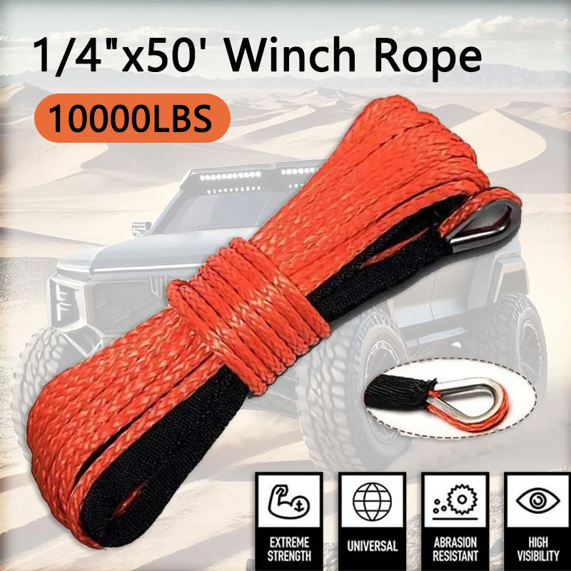 

1/4-дюймовый x 50 футов, 10000 фунтов, трос для восстановления лебедки, 4WD ATV UTV с синтетической оболочкой