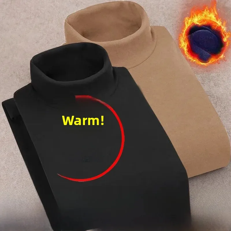 Men's Double-sided Fleece Long Sleeve T-shirt Workwear Half-high Collar Thermal Base Layer Shirt Pure Color Winter Essential