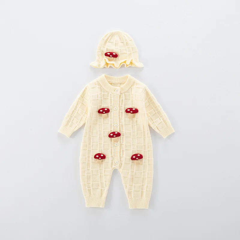 New Spring Autumn Baby Girls Knitted Bodysuit 3D Mushroom Jacquard Newborn Girls Romper Single Breasted Infant Girls Jumpsuit