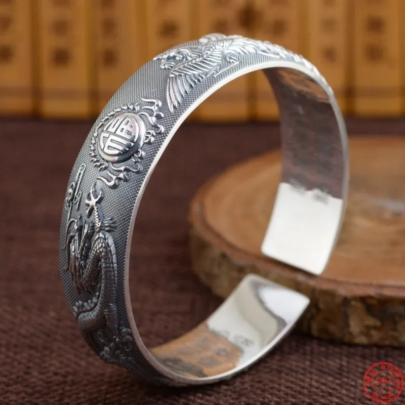 S999 Sterling Silver Bracelets for Women Men Fashion Flying Dragon Phoenix Chinese FU Bangle Argentum Amulet Jewelry