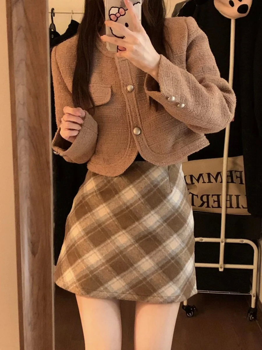 الرجعية منقوشة الصوفية تنورة المرأة عالية الخصر ألف خط ort تنورة الكورية Sle حجم كبير التخسيس تنورة الخريف وصول جديد #5