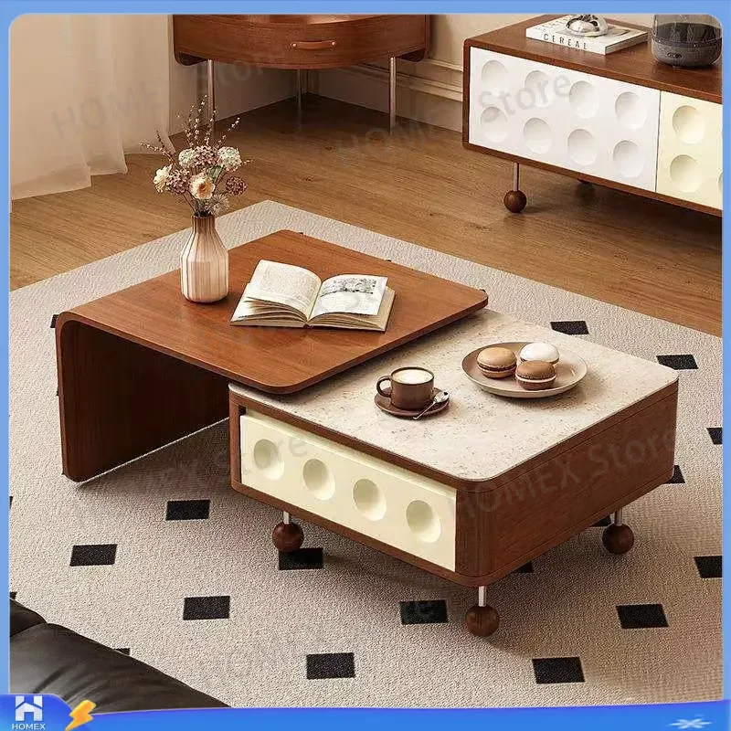 French Medieval Style Retractable Coffee Table Small Apartment Multifunctional Square Boxwood Stone Creative Sofa Side Table