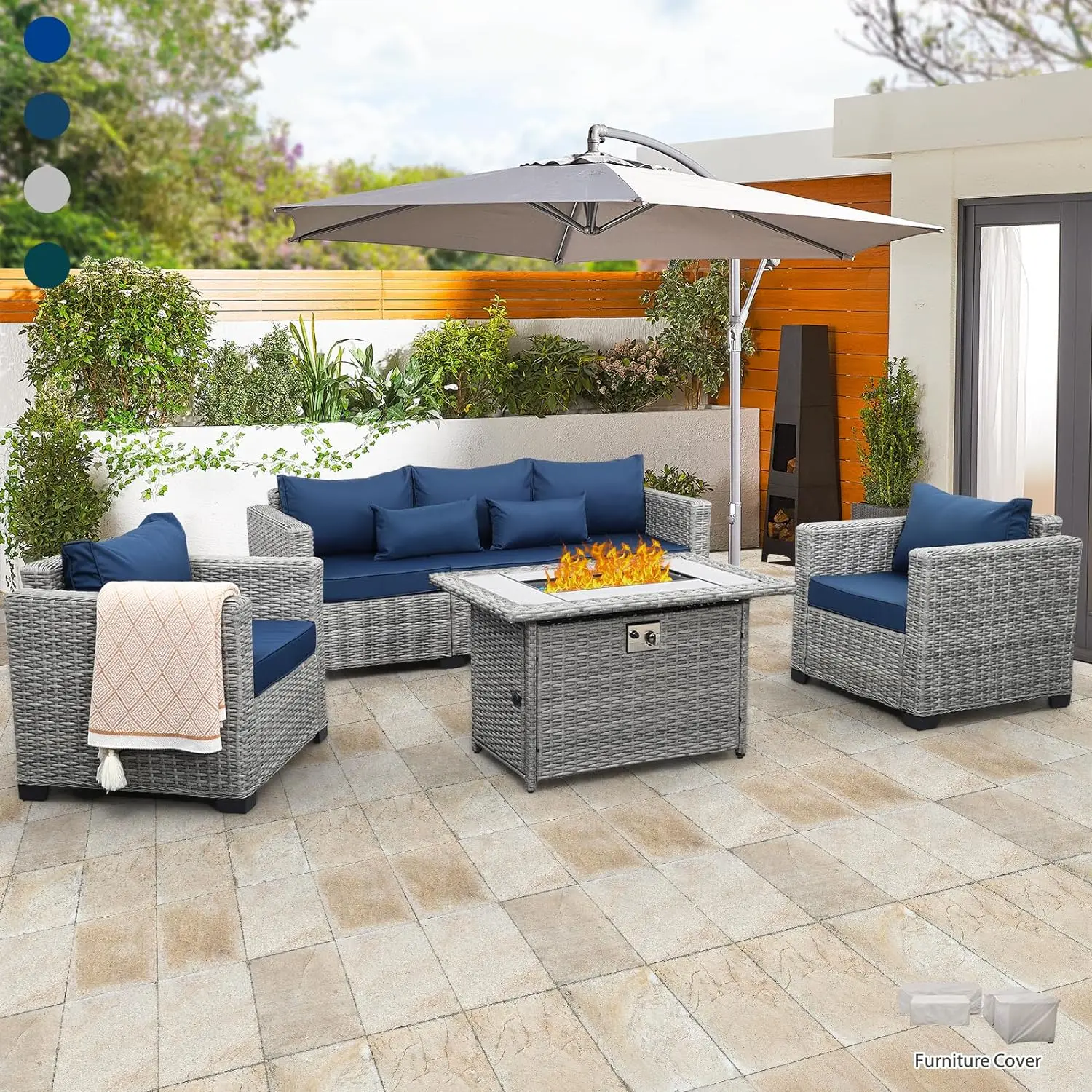 

4Pcs Patio Furniture Set Couch Outdoor Chairs Wicker Fire Pit / Storage Table with Anti-Slip Cushions and Waterproof Covers