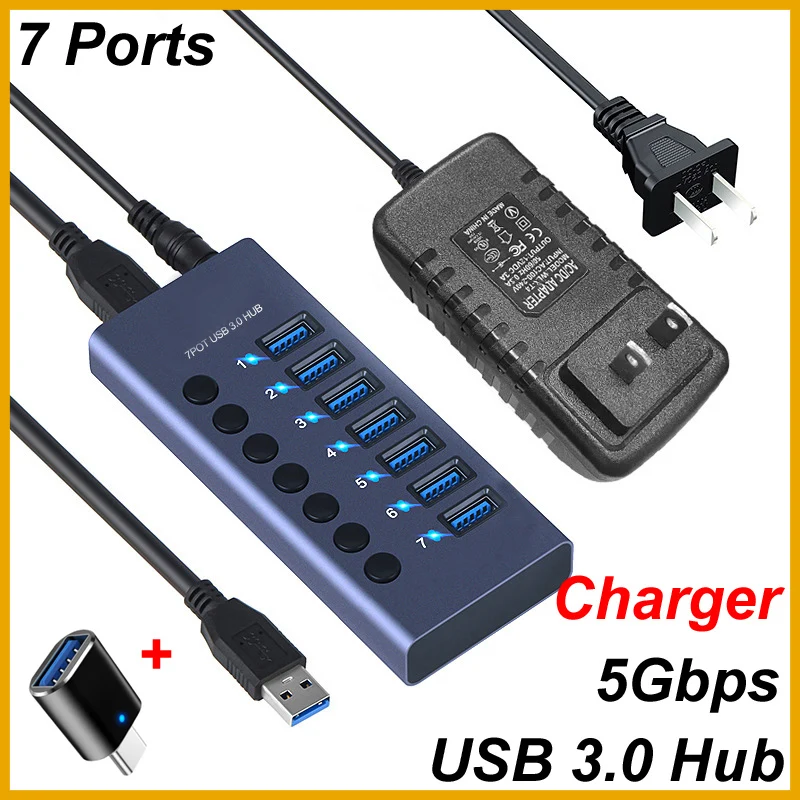 NEW 2026 USB HUB 7 Ports USB 3.0 Splitter 5Gbps with Individual Switch Power Adapter for phone PC Laptop USB Ports Extender USB-