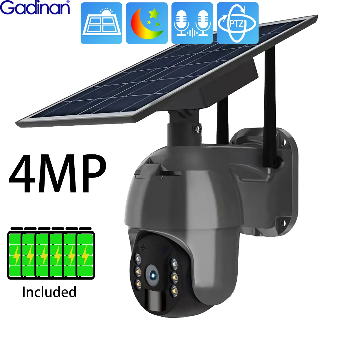 Gadinan 4MP 4G Sim Card Wifi 8W Solar Battery Powered PTZ 4X Zoom CCTV Outdoor Security PIR Human Color Night Vision Camera