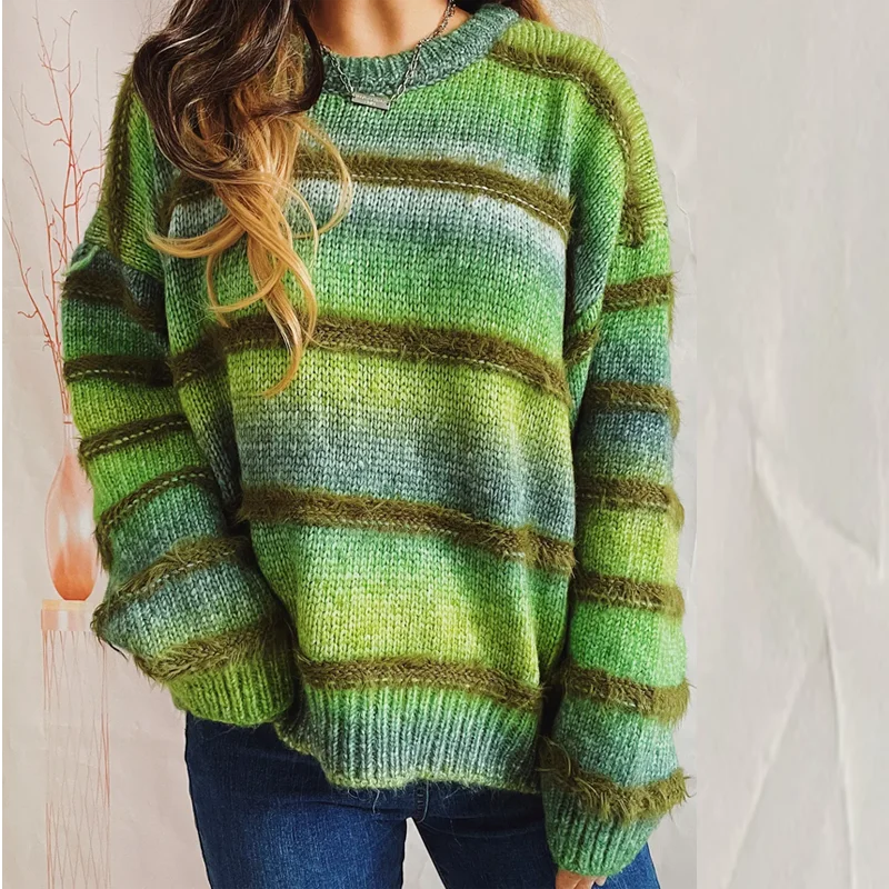 

Vintage Knitting Long Sleeve Casual Green Striped Pullovers Women 2025 Winter Fashion Round Neck Ladies Loose Female Sweater Top