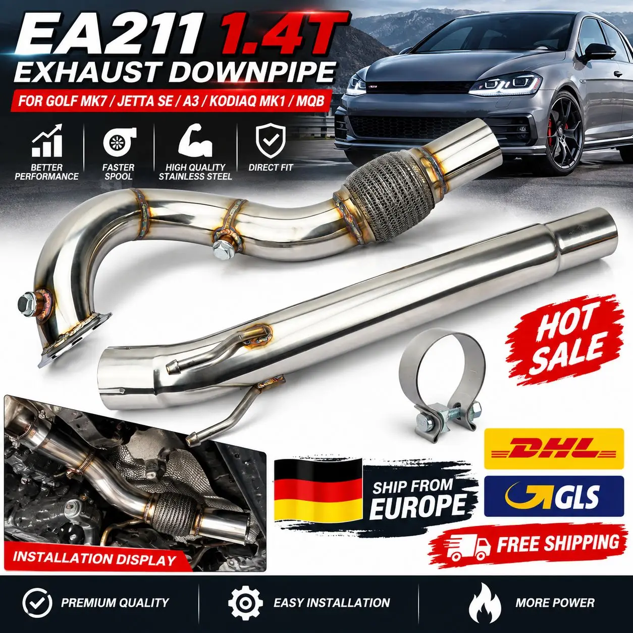 Image of 63mm 2,5" EA211 1.4T Auto-Abgasanlagen Downpipe ohne Katalysator für VW Golf MK7 Jetta SE für Audi A3 für Skoda Kodiaq Mk1 MQB Racing Abgaskrümmer Rohre Downpipe"