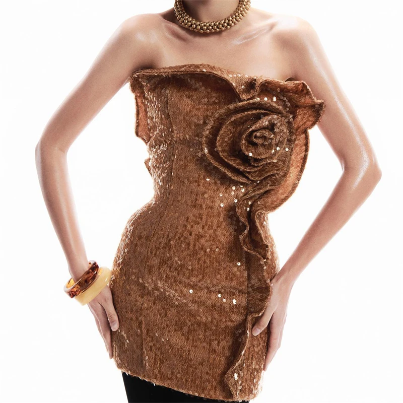 

Summer New Women's Brown Sequin Evening Dress Y2K High Quality 3D Floral Decoration Lace-Up Back Slim Fit Gown