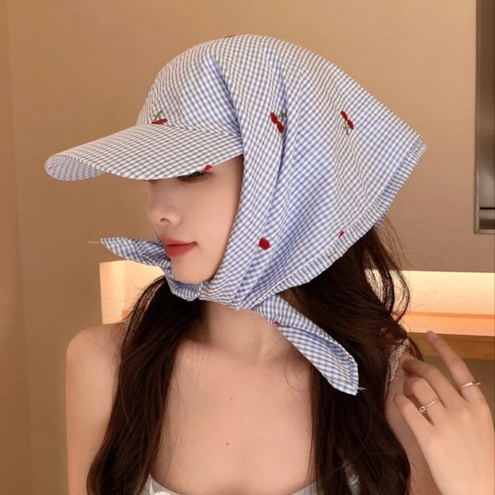 

Fashion Plaid Headscarf Baseball Cap Korean Style Sweet Sunscreen Beach Hats Sunscreen Cherry Embroidered Peaked Cap Sports