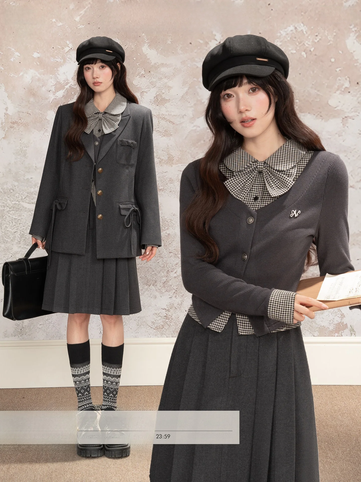 

Комплект Loveheynew: вязаный топ в клетку с длинным рукавом и плиссированная юбка с высокой талией для женщин, зимний, в студенческом стиле