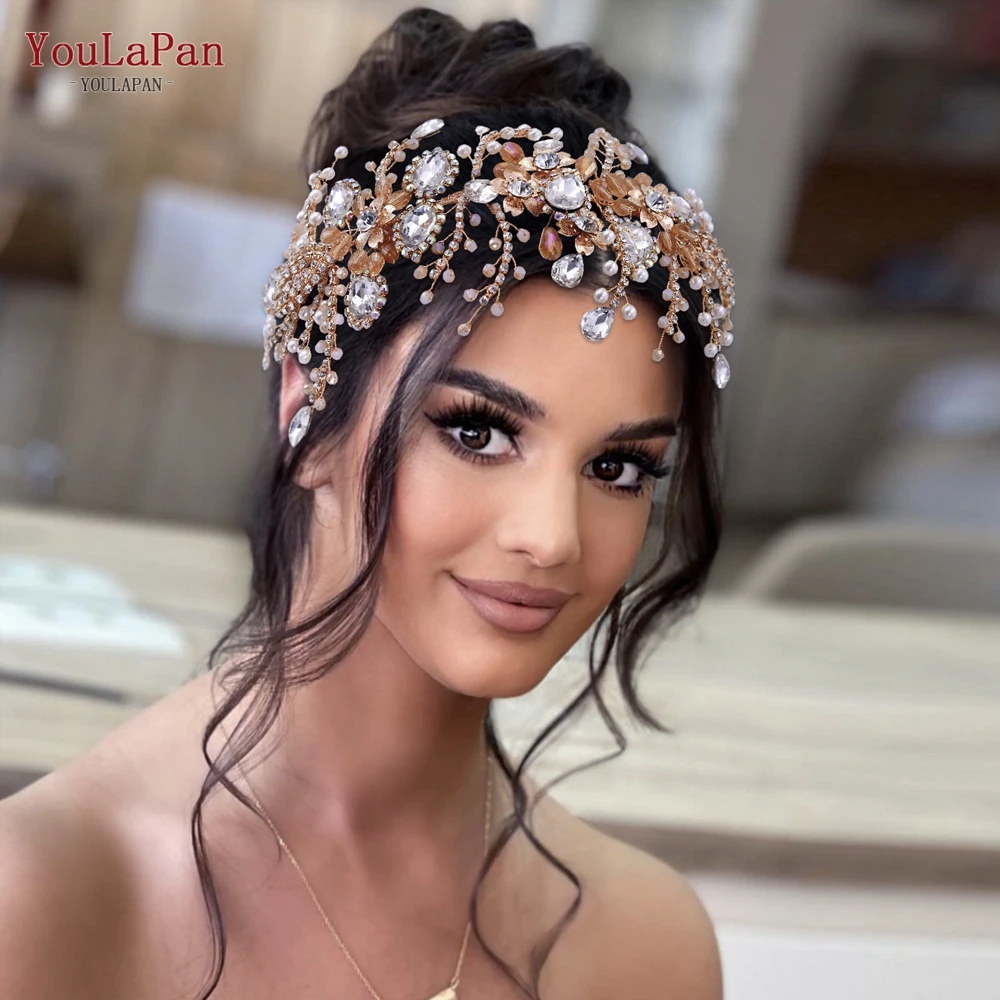 

TOPQUEEN HP453 Golden Bride Headband Crystal Bridal Crown Flower Wedding Hair Accessories Pageant Tiara for Women Headdress