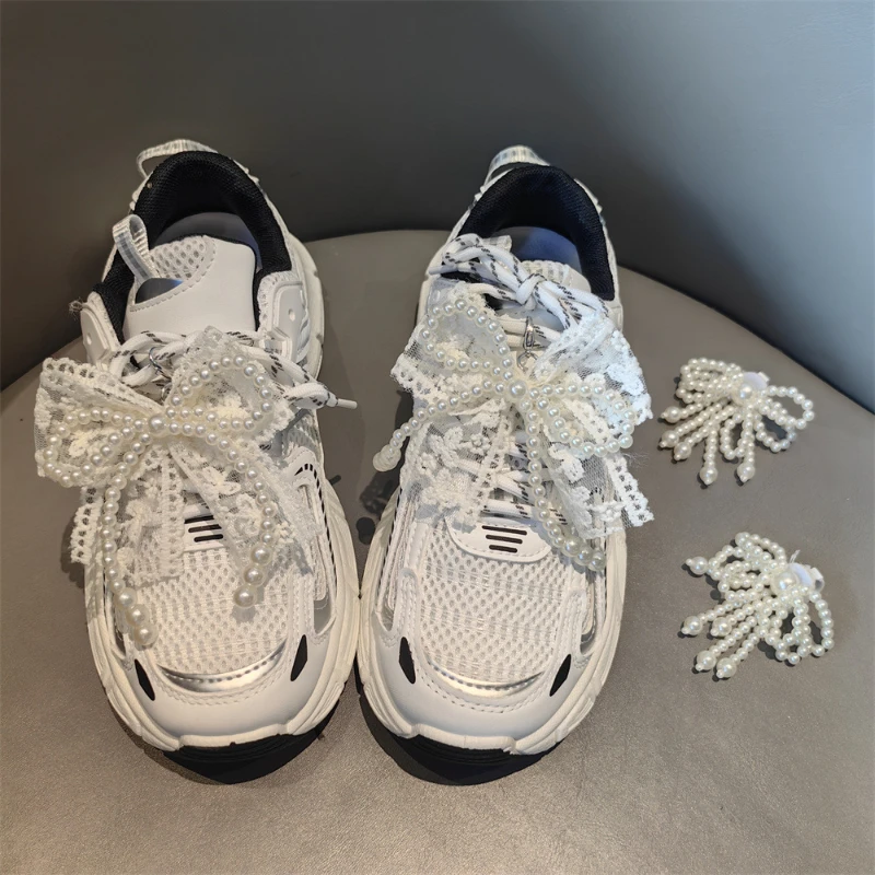 

New Winter Sneakers Double Bow Decorated Organza/Lace Shoelaces, Ballet-Style Sneaker Accessories and Jewelry for Sports Shoes