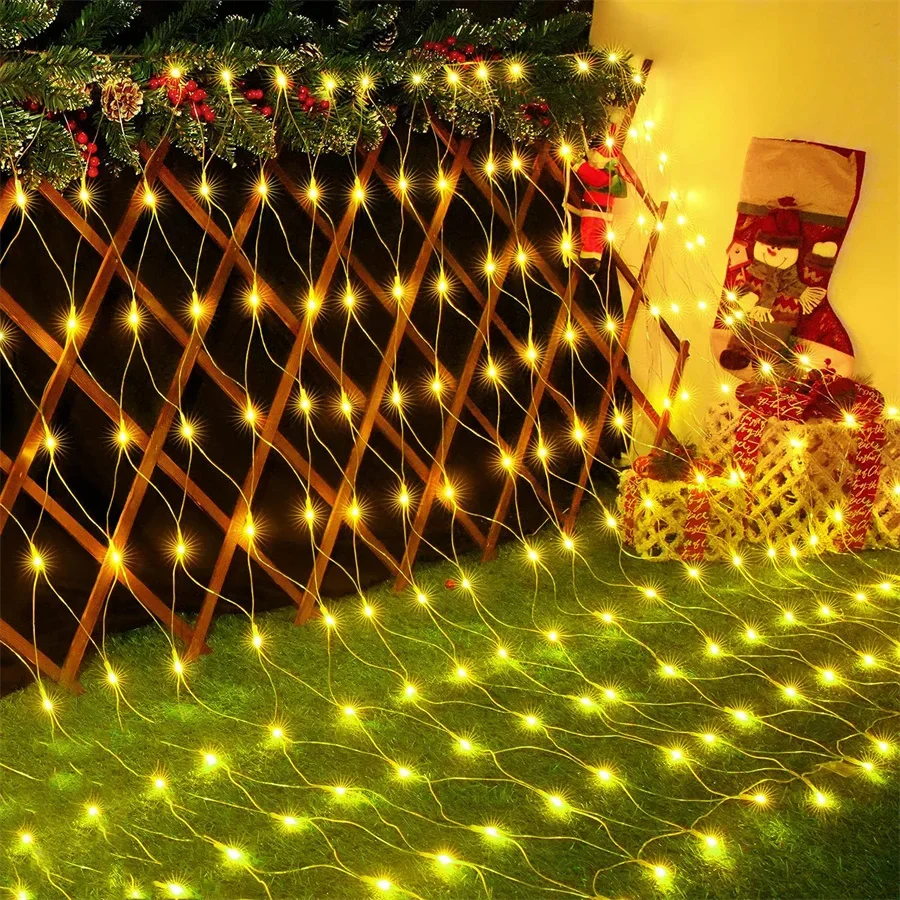 2X3M 3X3M 4.5X1.5M LED Net String ไฟคริสต์มาสกลางแจ้งตาข่ายผ้าม่าน Fairy Light Garlands สําหรับงานแต่งงานต้นไม้พุ่มไม้ตกแต่ง