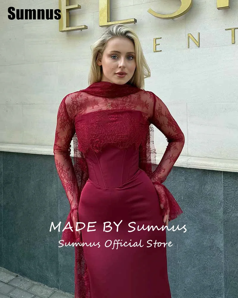 Sumnus elegante sirena vestido de fiesta de encaje de manga larga vestidos de fiesta hasta el suelo vestidos formales 2025 mujeres personalizadas