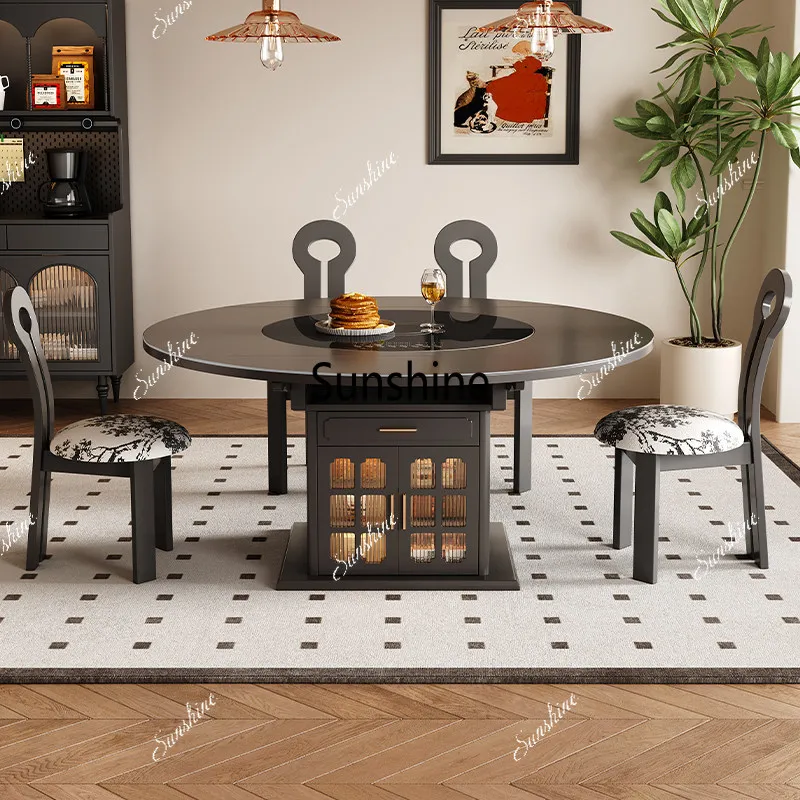 Medieval solid wood square and round dual-purpose, turntable telescopic folding modern household small apartment dining table