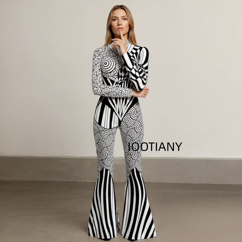 Damen-Jumpsuit mit ausgestellten Schlaghosenbeinen, geometrischem Schmetterlings-Skelett-Muster, figurbetont, Catsuit, Festival-, Rave-, Halloween-Cosplay-Outfit – Detail 5