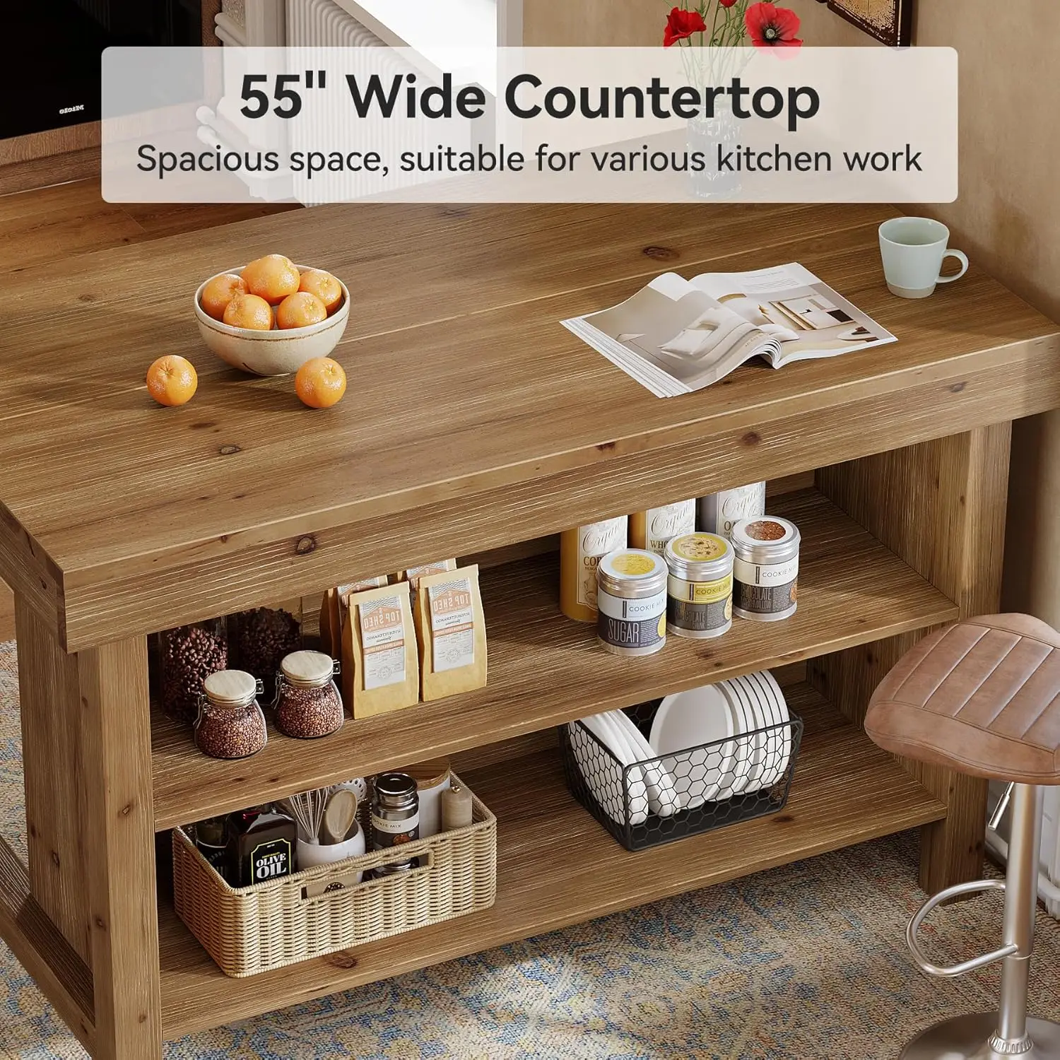 55 Inch 3-Tier Solid Wood Large Farmhouse Kitchen Island Stationary Center   with Open Storage Shelves for Dining Room Custo