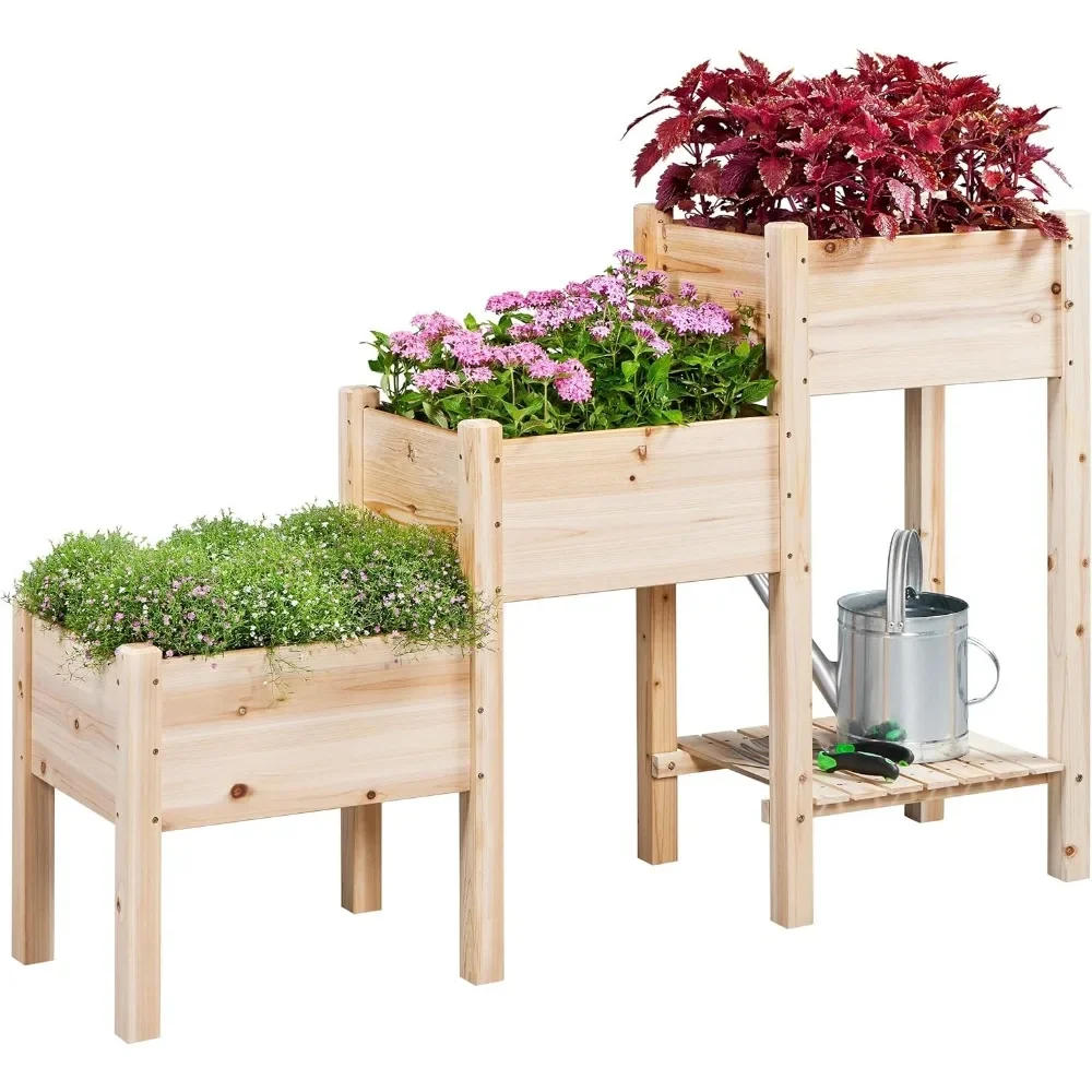 1pc Vertical Garden Planter 3-Tier Fir Wood Raised Garden Bed for Plants, Vegetables, Outdoor Gardening Elevated Raised Planter