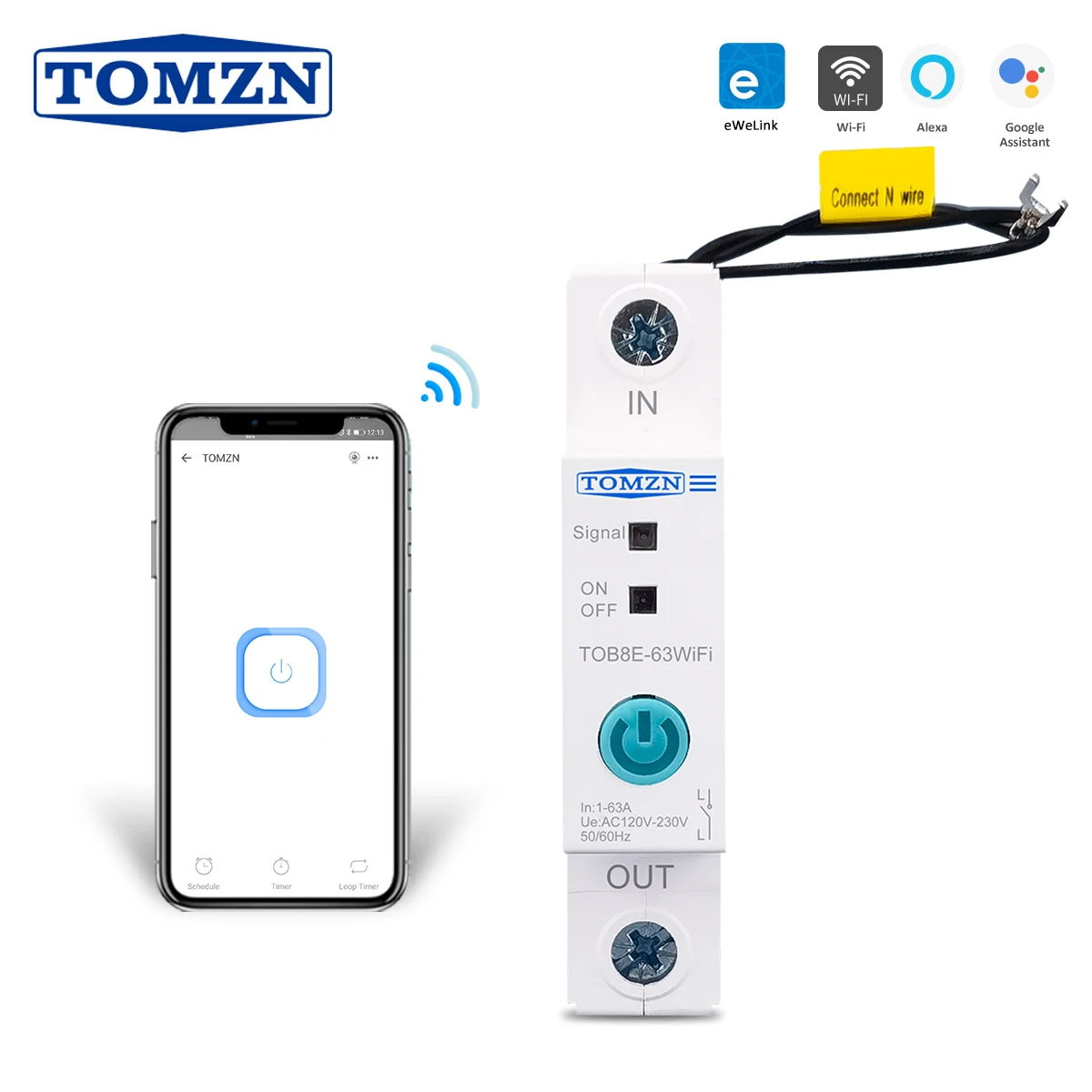 

TOMZN Din Rail WIFI Circuit Breaker Smart Switch Remote Control by Ewelink APP for Smart Home 18mm 63A TOMZN TOB8E-63WIFI
