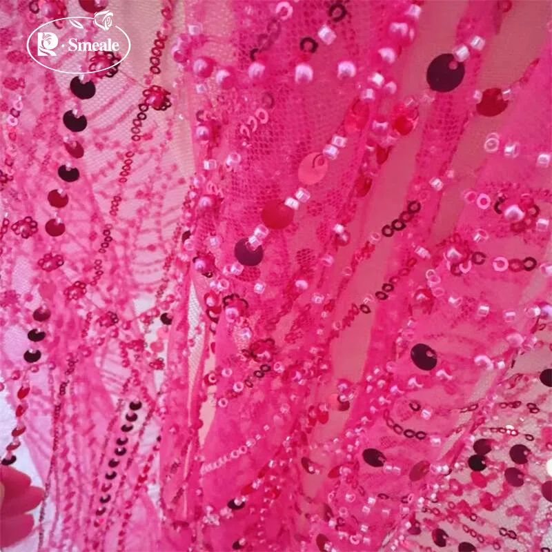 Rose Red Perlen Pailletten Streifen Hochzeitskleid Spitzenstoff, funkelnd und glänzend, DIY Nähen Kleidung Dekoration RS24437 – Detail 4