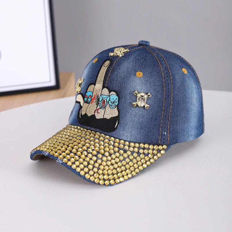 Unisex Punk Middle Finger Skull Denim Baseball Cap, Gold Rhinestone Studded Adjustable Dad Hat, Y2K Hip Hop Streetwear Sun Hat F