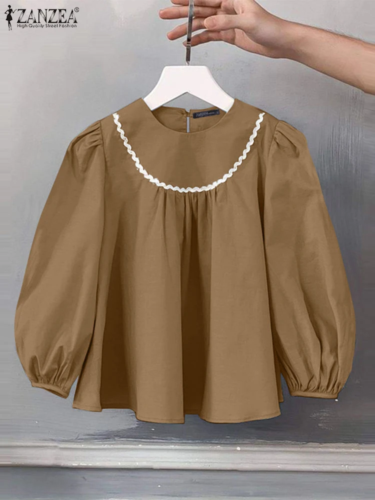 Camicetta solida moda coreana ZANZEA Camicia con cuciture in pizzo vintage Sweety Donna Puff Manica a 3/4 Top Vacanza Sottile Tunica di inizio autunno