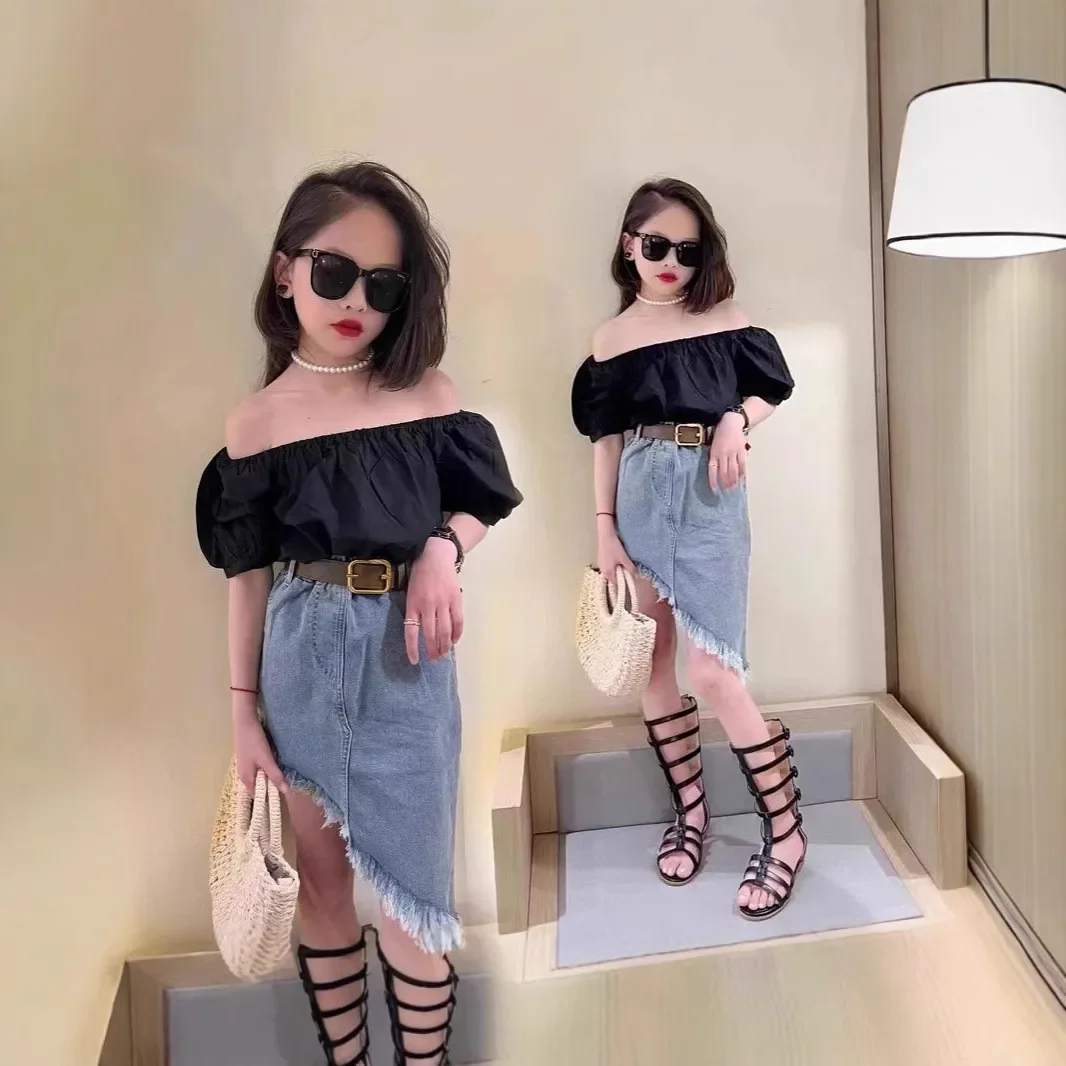 

Children's Summer Set Fashionable New Girl's Stylish One Neck Short Sleeve T-shirt+Cowboy Skirt Two-piece Set