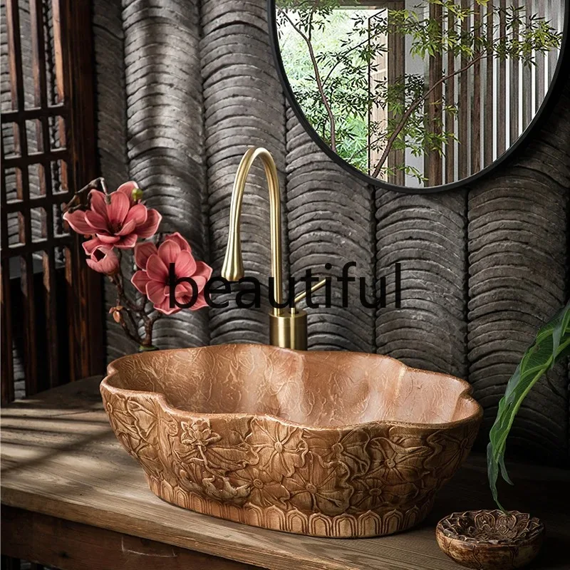 A17 New Chinese-style B & B deepens the art stage basin, special-shaped ceramic washbasin, creative retro basin