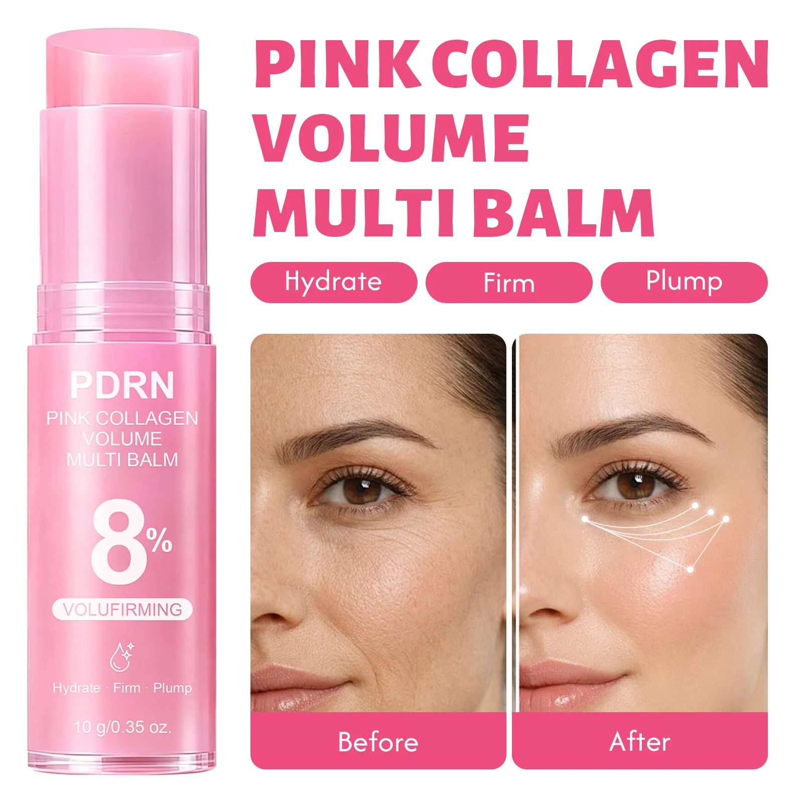 PDRN Pink Collagen Multi Balm 10g, 8% Volufirming Solid Facial Stick with Retinol & Peptide, Hydrating Plumping Moisturizing Balm for Face, Eye & Forehead