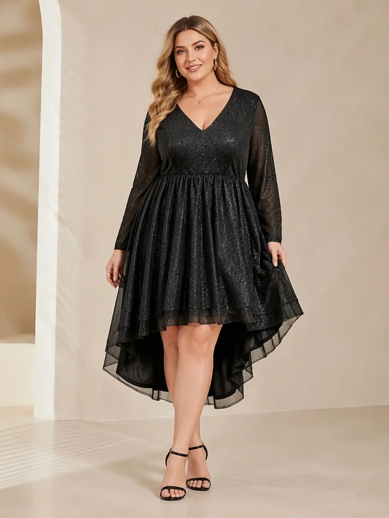 Women Plus Size Dress V‑Neck Long Sleeve Glitter Mesh High‑Low Hem A‑Line Elegant Cocktail Evening Wedding Guest Party Gown