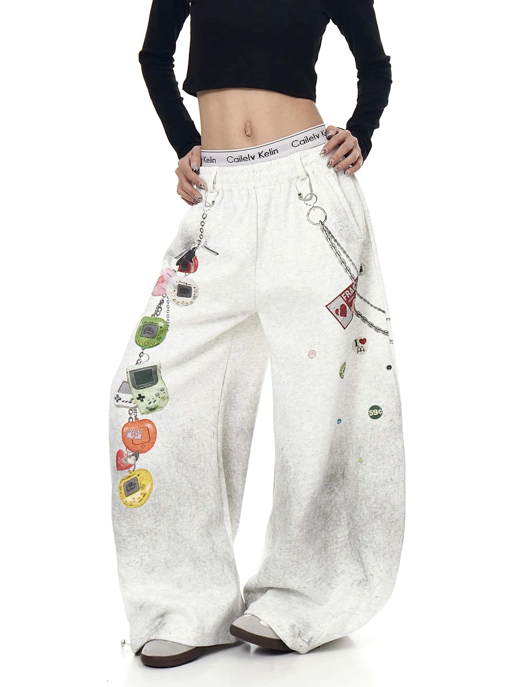 Retro Graffiti Print American Street Style Distressed Wide Leg Casual Pants Men Women Loose Fit Comfortable Straight Cut Trou...