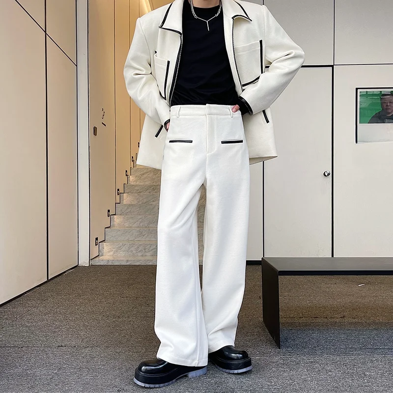 

Korean Sle Wide Leg Pants Men's Straight Thiened Color Blo Leather Versatile Long Casual Suit Pants Spring Autumn