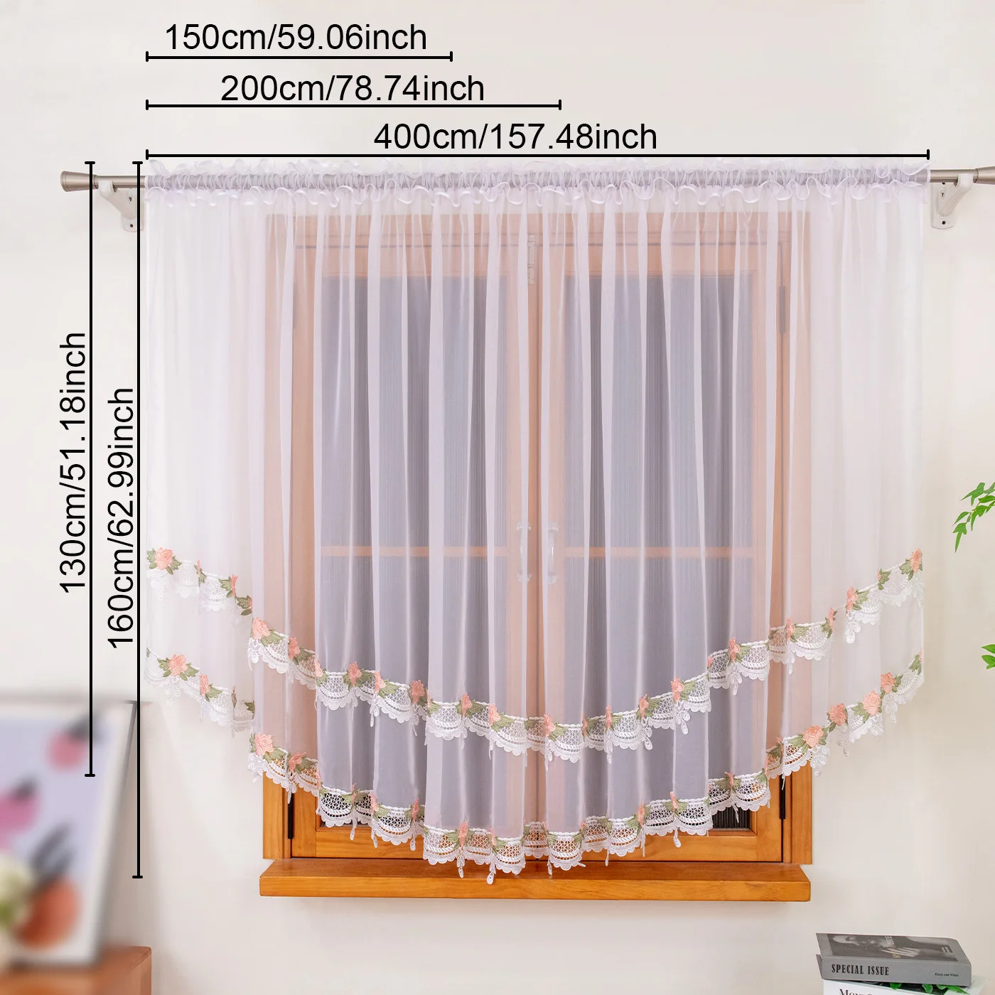 1PC Floral Embroidered Sheer Curtain, Lace Trim Semi-Transparent Drape for Living Room, Bedroom, Sweet Housewarming Gift