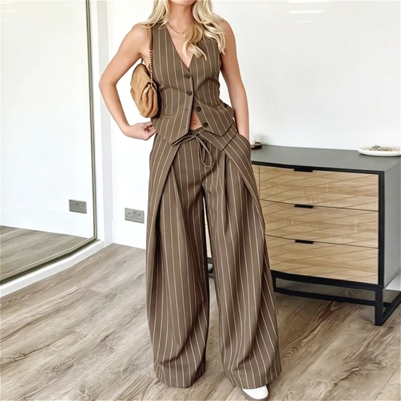 Damen Hosen-Set Zweiteiliges Set V-Ausschnitt Ärmelloses Top Gestreifte Weite Lange Hose Hohe Taille Y2k Streetwear Elegant Sommer