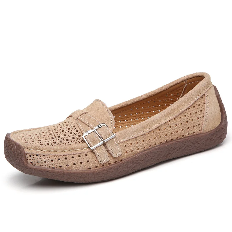 Cozy White Hollow Shoes Moccasins Women\'s Genuine Leather Ballet Flats Breathable Loafers Female Mom Soft Casual Driving Sandals