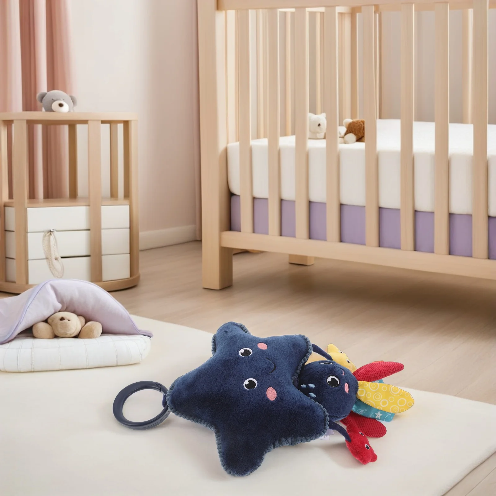 دمية حيوانات بحرية محمولة قابلة للغسل للأطفال الرضع، تعلق على سرير الأطفال أو عربة الأطفال أو مقعد السيارة، مع أجراس رياح حسية