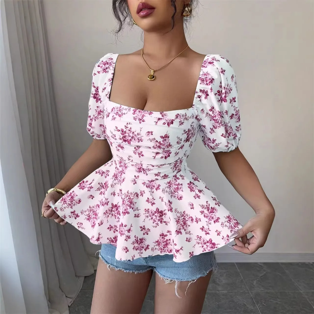 

2026 Spring and Summer New Women's Square Neck Fashionable Slimming Sexy Short Sleeve Top