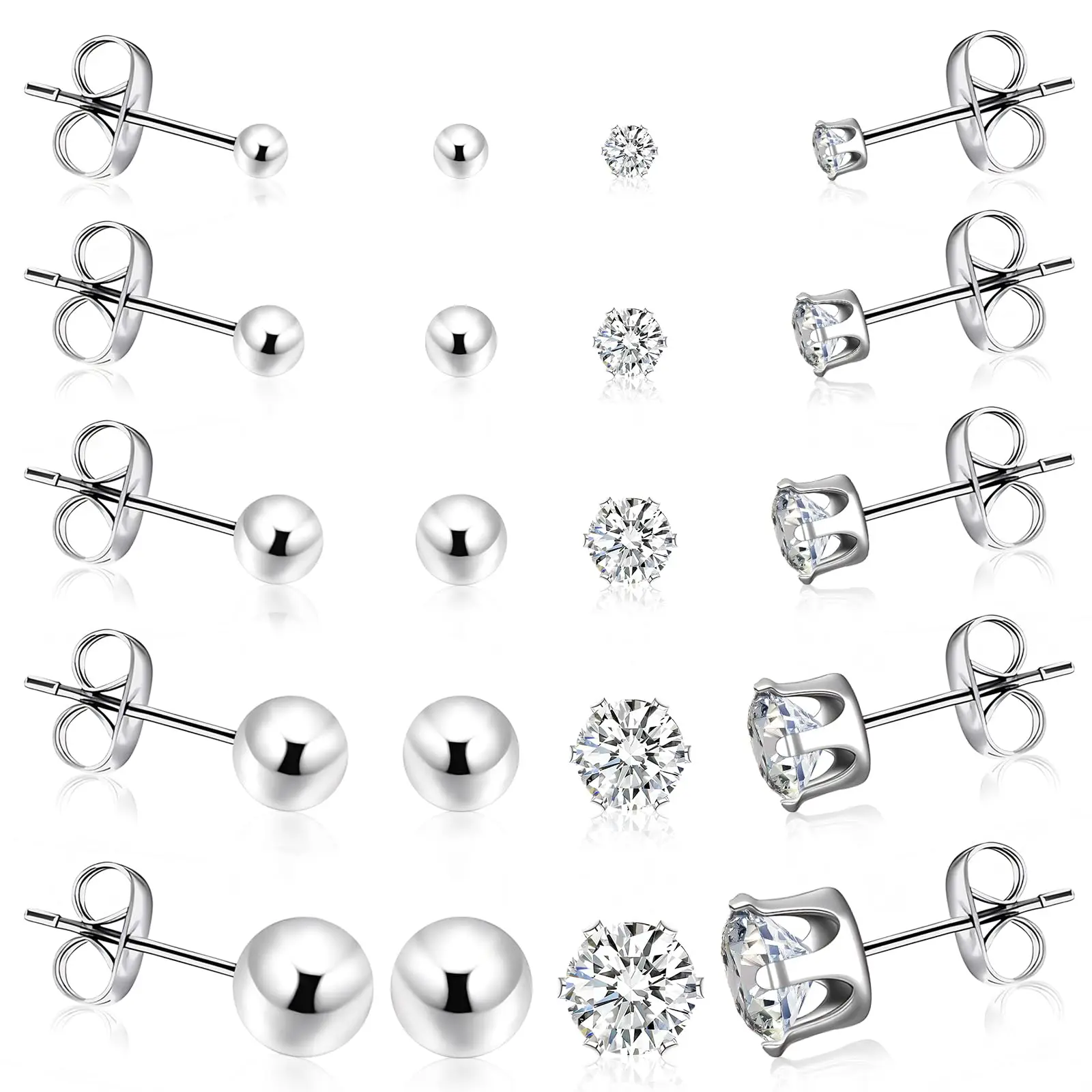 5/10 Pairs Hypoallergenic Surgical Stainless Steel Cubic Zirconia and Ball Stud Earrings Set for Women Men Ear Piercing Jewelry