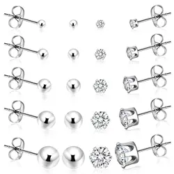 5/10 Pairs Hypoallergenic Surgical Stainless Steel Cubic Zirconia and Ball Stud Earrings Set for Women Men Ear Piercing Jewelry