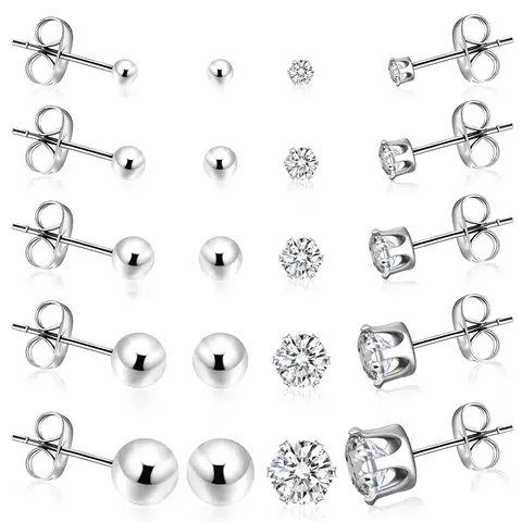 5/10 Pairs Hypoallergenic Surgical Stainless Steel Cubic Zirconia and Ball Stud Earrings Set for Women Men Ear Piercing Jewelry