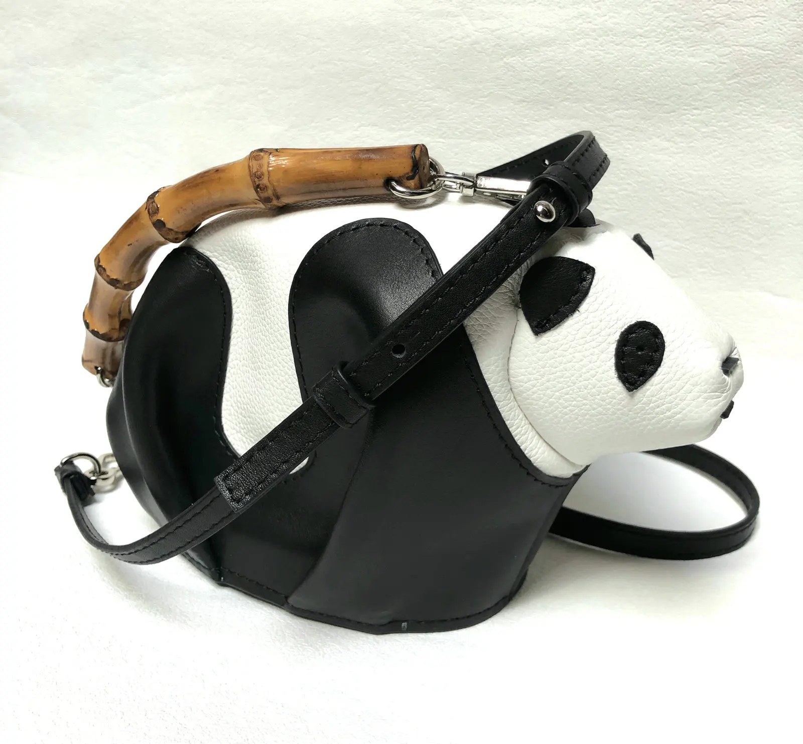 Personalized Panda with Bamboo Leaf in the mouth Genuine Leather Handmade Animal Bag Crossbody Cowhide