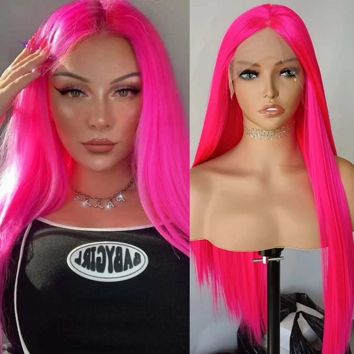 RDY Hot Pink Lace Front Wig Long Straight Hair Frontal Rose Red Synthetic Lace Wigs for Women Daily Glueless Natural Hairline