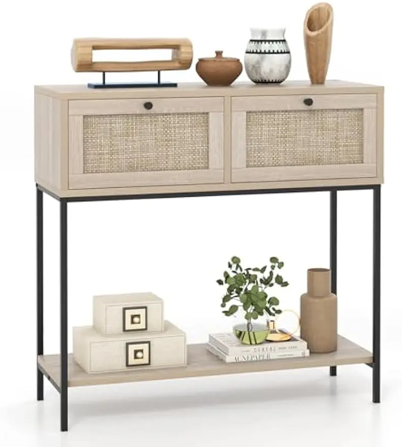 

Console Table with Rattan Drawers - 31.5" Entryway Table w/ 2 Drawers & Open Storage Shelf, Metal Frame for Living Room Foyer