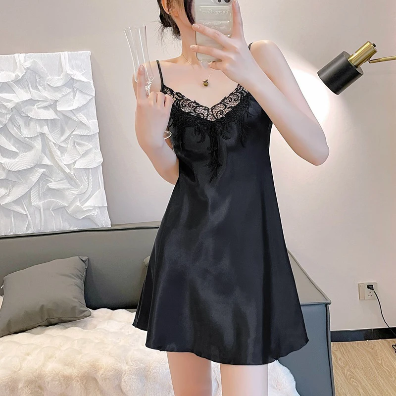 

Летняя ночная рубашка на подтяжках, шелковое женское сексуальное кружевное тонкое однотонное домашнее платье с v-образным вырезом