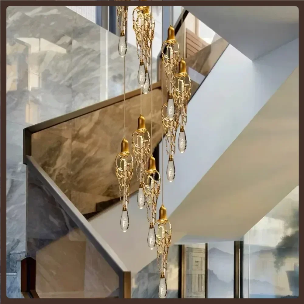 

Modern Luxury Long Crystal Chandelier Golden Raindrop Design for Staircase Loft Lobby Living Room Villa Lighting