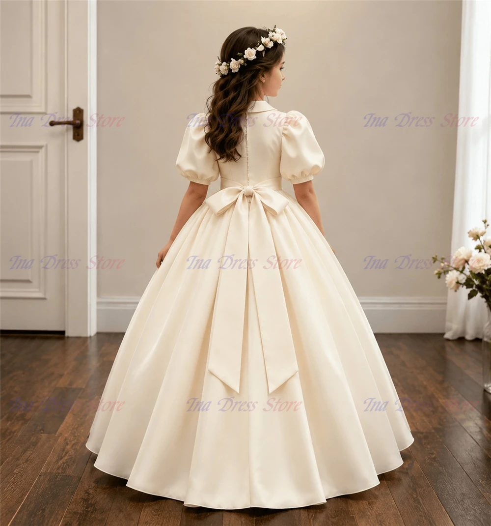 Quality Elegant Baptism Satin Fluffy A-Line Flower Girl Dress For Little Princess Wedding Birthday First Communion Ball Gowns